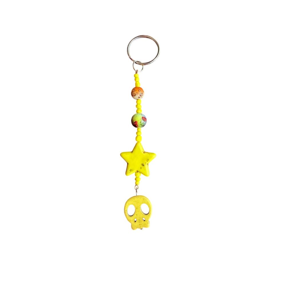 Yellow Howlite skull and star keychain handmade